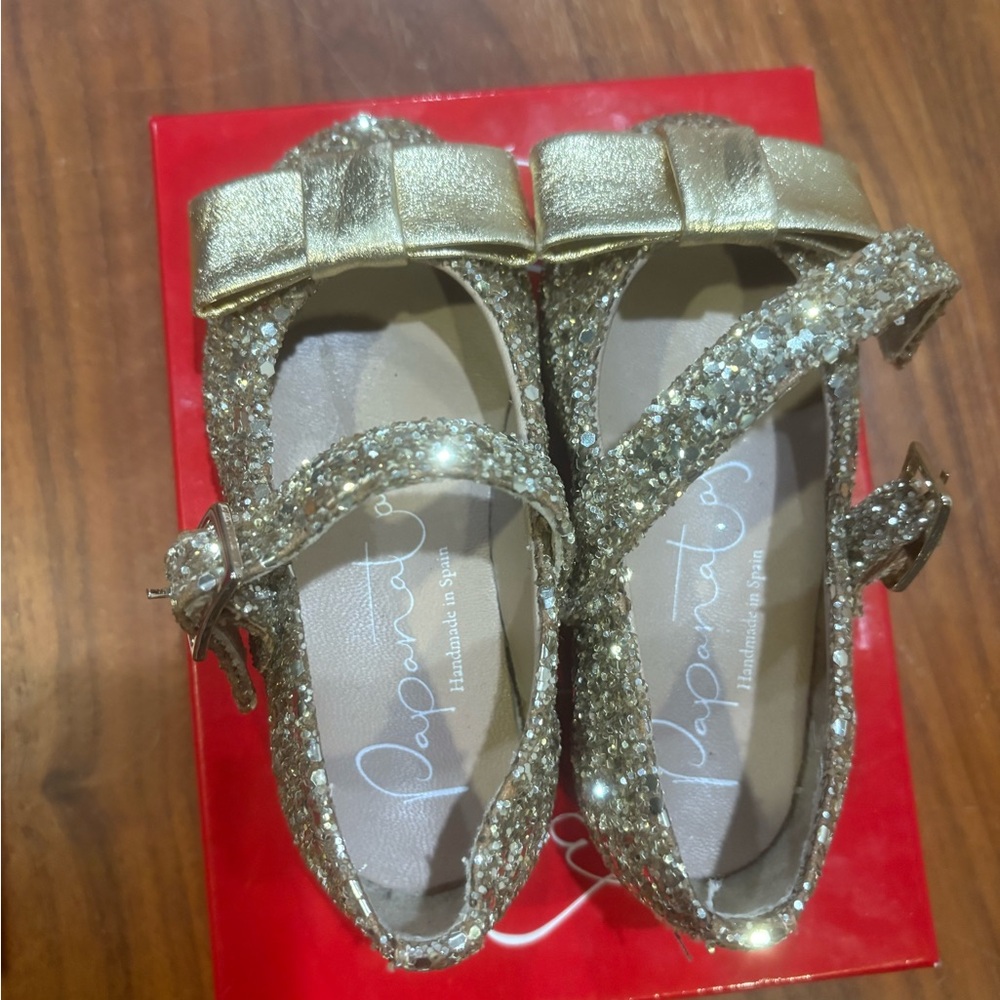 Gold Glitter Mary Jane Kids Shoes with Bow - papantas